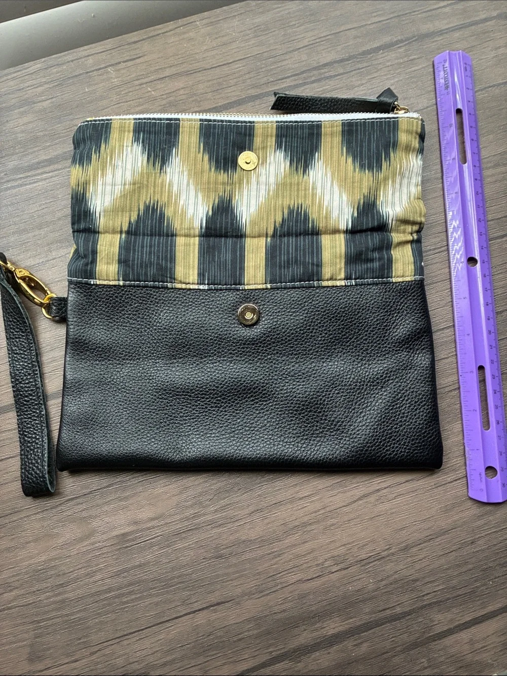 Navy Leather Wristlet Clutch 91/2” X 6” with Olive Patterned Accent